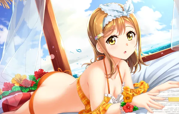 Girl, sexy, ass, cleavage, blouse, sky, long hair, sea