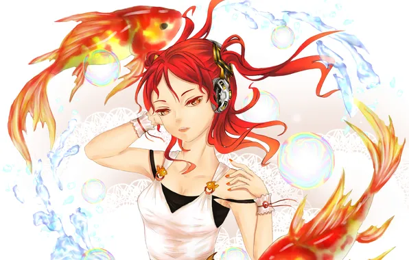 Картинка девушка, рыбы, музыка, пузыри, волосы, аниме, наушники, арт