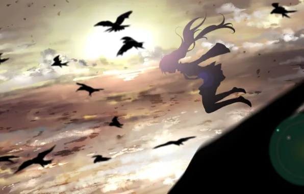 Картинка небо, облака, закат, птицы, девочка, Hatsune Miku