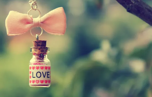 Картинка любовь, розовый, ветка, сердечки, цепочка, бантик, бутылочка