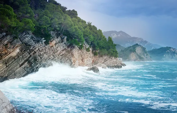 Картинка море, горы, скалы, побережье, прибой, Черногория