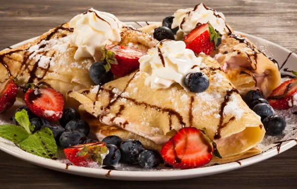 Шоколад, черника, сливки, клубника, блины, десерт, выпечка, Strawberry