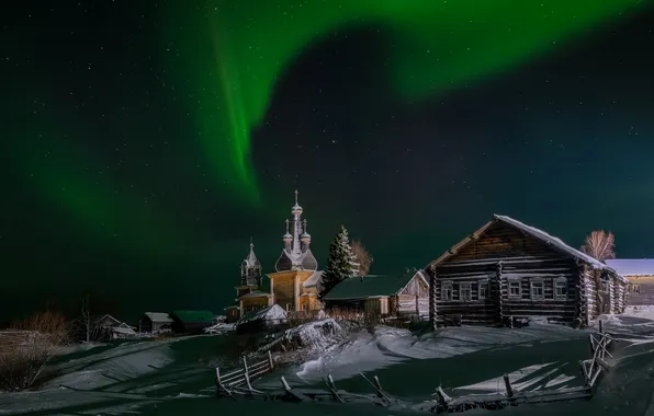 Зима, ночь, церковь, изба, купола, полярное сияние, снега, Евдокимов Максим