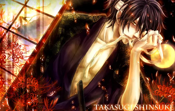 Цветы, самурай, искры, мужчина, бинт, Gintama, Takasugi Shinsuke, желтая луна