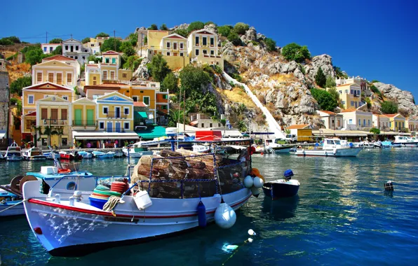 Картинка море, горы, природа, дома, лодки, Греция, груз, Greece