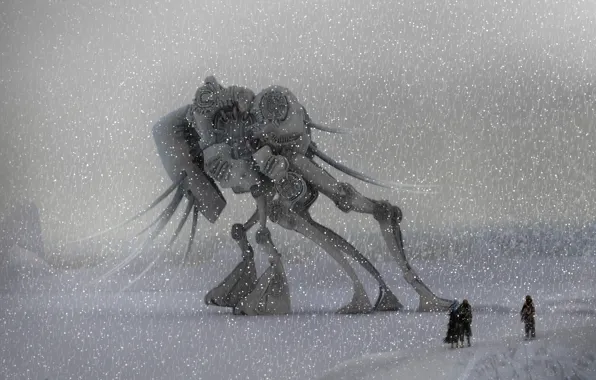 Картинка зима, робот, миры, снегопад