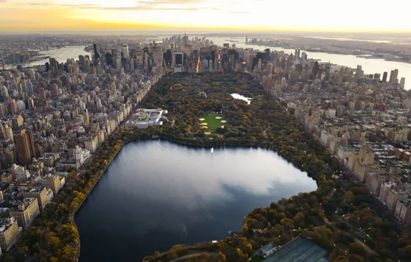 Картинка город, озеро, обои, небоскребы, вечер, панорама, wallpaper, нью-йорк