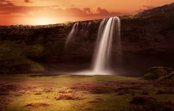 Картинка пейзаж, закат, природа, рендеринг, скалы, водопад, поток, Исландия