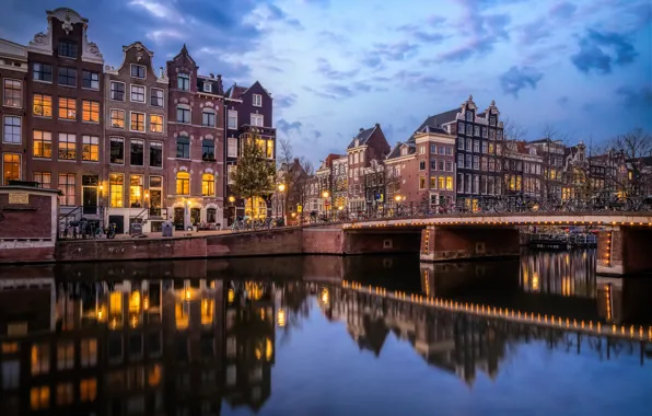 Мост, отражение, здания, дома, Амстердам, канал, Нидерланды, Amsterdam