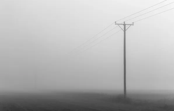 Поле, туман, линии электропередачи
