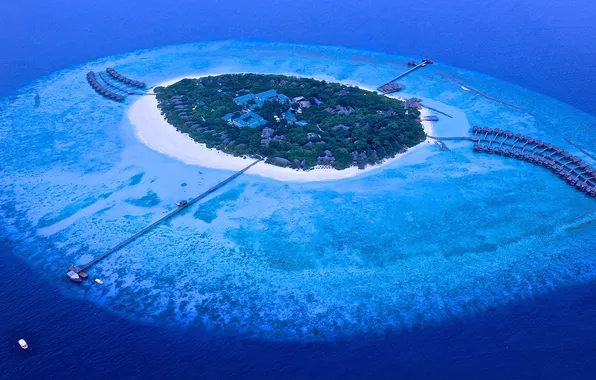 Картинка пляж, океан, остров, пирс, Мальдивы, курорт, риф, Maldives