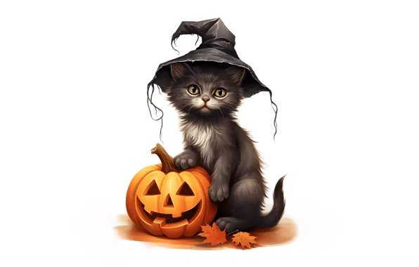 Кошка, взгляд, поза, котенок, белый фон, Хеллоуин, Хэллоуин, мордашка