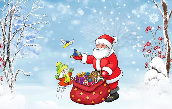 Картинка зима, снег, деревья, радость, снежинки, праздник, игрушки, рисунок