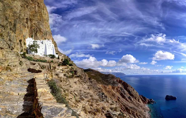 Море, скалы, Греция, монастырь, остров Аморгос, Panagia Hozoviotissa