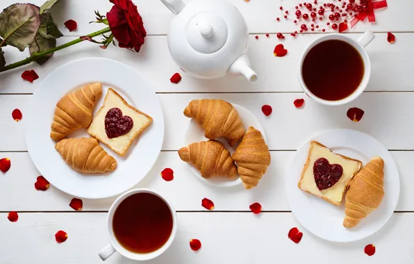 Кофе, завтрак, сердечки, love, rose, heart, cup, romantic