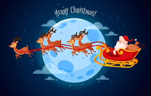 Картинка Зима, Ночь, Луна, Рождество, Новый год, Санта Клаус, Олени, Merry Christmas