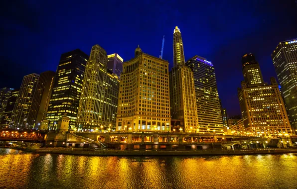 Ночь, огни, река, дома, небоскребы, Чикаго, фонари, США