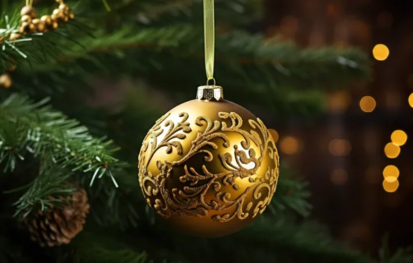 Украшения, фон, елка, шар, Новый Год, Рождество, golden, золотой