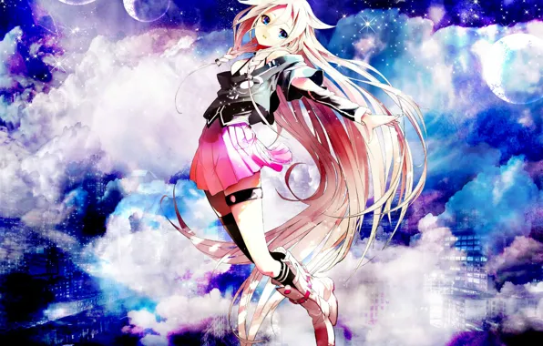 Небо, звезды, полет, отражение, дома, Vocaloid, розовые волосы