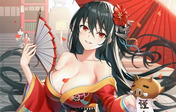 Girl, sexy, cleavage, long hair, boobs, anime, beautiful, red eyes