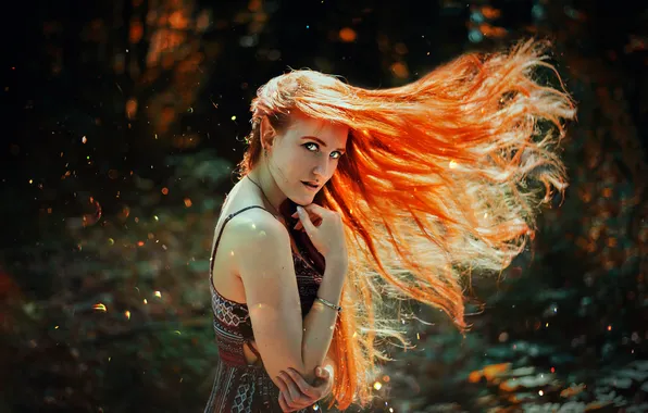 Лес, взгляд, девушка, свет, природа, поза, ветер, портрет