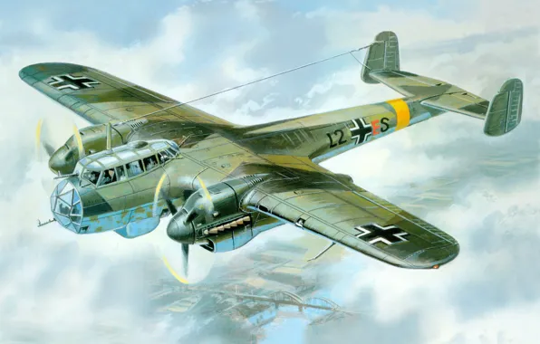 Картинка war, art, painting, drawing, ww2, german aircraft, aviation art, Do-215B-4