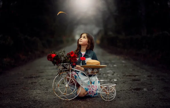 Дорога, цветы, велосипед, ребенок, девочка, girl, road, bike