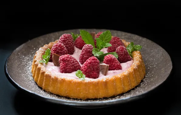 Картинка малина, еда, шоколад, пирог, мята, крем, десерт, выпечка
