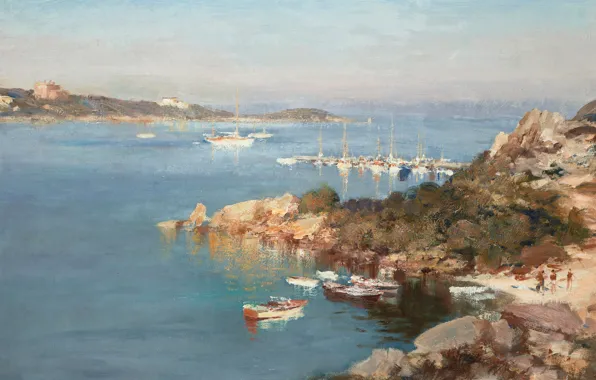 Картинка пейзаж, картина, Эдуард Сиго, Яхты на Пляже Лючия в Порто-Черво