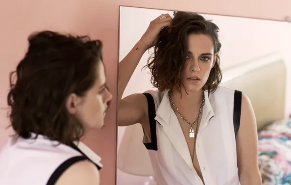 Отражение, макияж, актриса, зеркало, брюнетка, прическа, Kristen Stewart, Кристен Стюарт