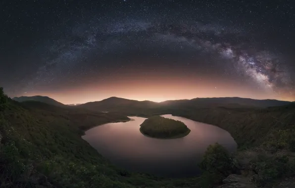 Картинка landscape, night, mountains, lake, stars, island, milky way