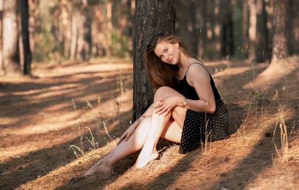Картинка лес, лето, взгляд, девушка, поза, ноги, Дарья, Мурат Кужахметов