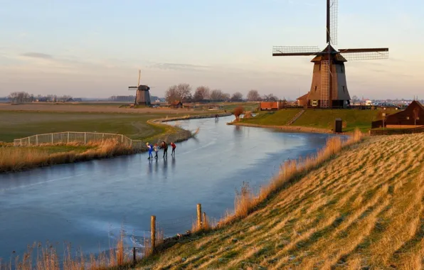 Water, cold, holland, the netherlands, skating on a river in holland