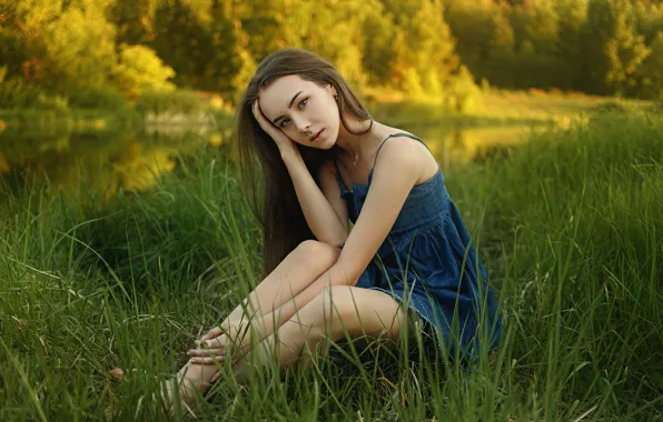 Картинка grass, dress, trees, nature, model, women, brunette, sitting