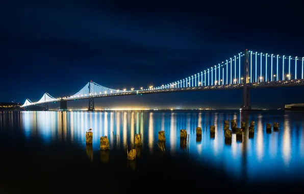 Ночь, огни, Калифорния, Сан-Франциско, Bay Bridge, висячий мост из Сан-Франциско в Окленд