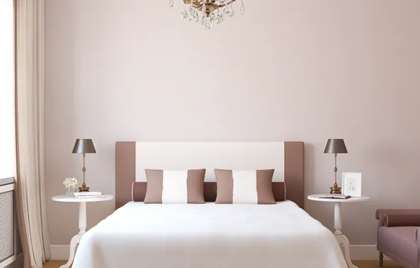 Дизайн, кровать, подушки, люстра, спальня, bedroom