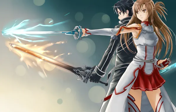 Девушка, оружие, аниме, арт, парень, мечи, Мастера меча онлайн, Sword Art Online