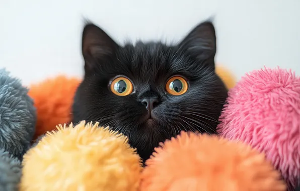 Кошка, кот, взгляд, шарики, поза, котенок, черный, портрет