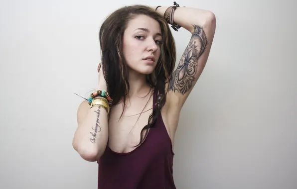 Girl, wall, woman, model, tattoo, brunette, tattoos, female