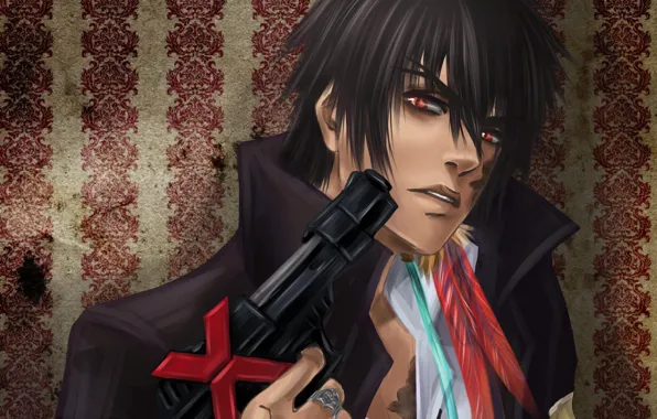 Взгляд, пистолет, перья, арт, парень, koyasu, Katekyo Hitman Reborn!, занзас