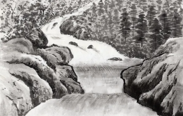 Деревья, река, скалы, берег, рисунок, графика, Живопись