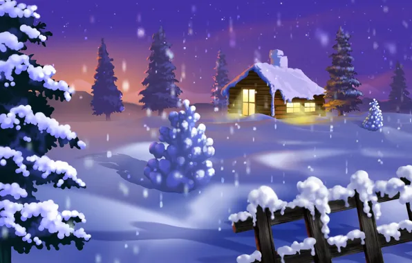 Зима, снег, деревья, дом