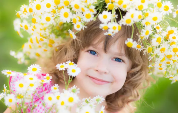Картинка цветы, улыбка, девочка, венок, ребёнок, голубоглазая