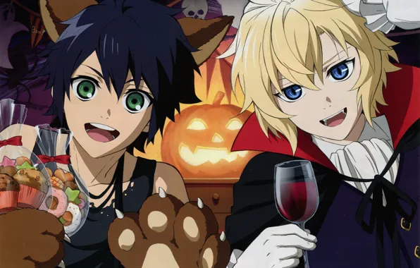 Парни, хеллоуин, Owari no Seraph, Последний серафим, Юичиро Хакуя, Микаэла Хакуя