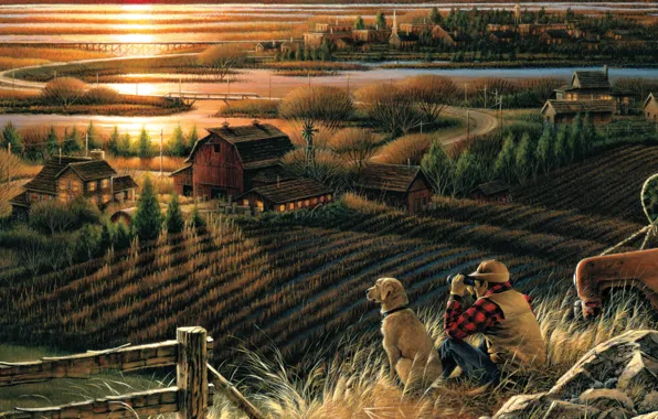 Картинка поле, осень, закат, мост, река, дома, собака, вечер