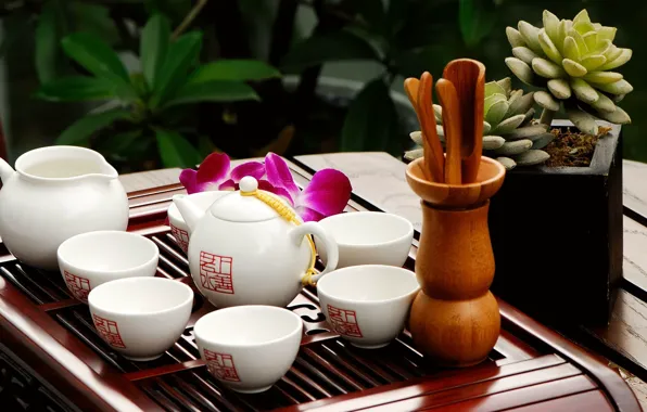 Растения, чайник, чашки, Zen