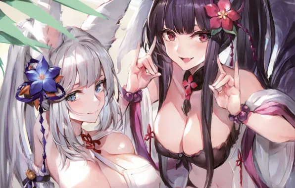 Sexy, cleavage, long hair, girls, boobs, animal ears, anime, blue eyes