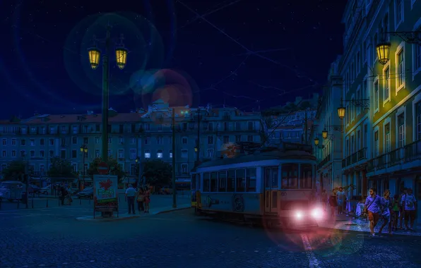 Ночь, трамвай, Португалия, Лиссабон, City LIghts