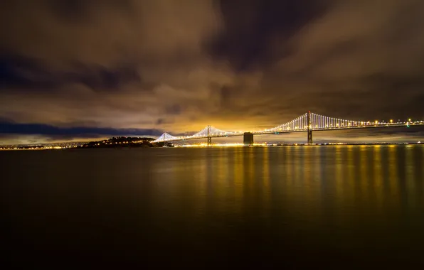 Ночь, мост, огни, Калифорния, залив, Сан-Франциско, USA, California