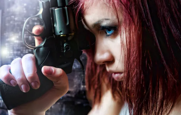 Картинка взгляд, девушка, оружие, профиль, красные волосы